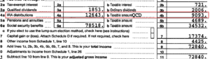 1040 tax form showing how QCDs appear and offset taxable IRA distributions