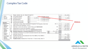 1040 tax form showing how MAGI for IRMAA is calculated. Add line 2a to your AGI