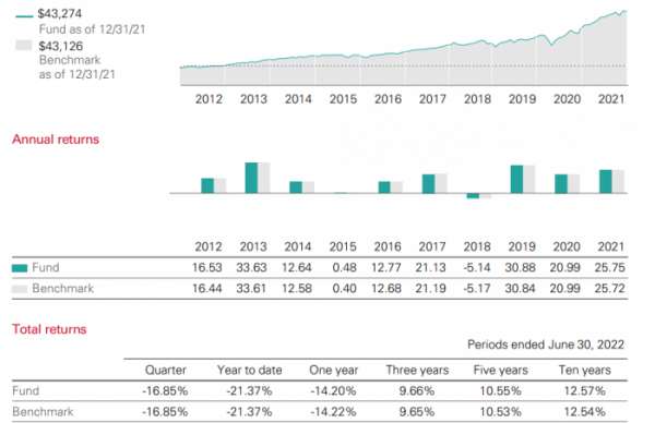 Chart showing the investment returns of the Vanguard total stock market fund investment option